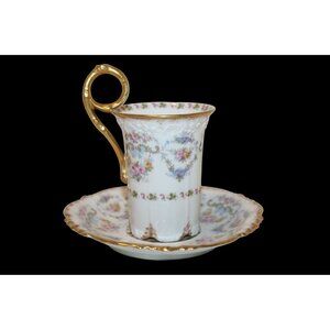 Antique J Pouyat Limoges Demitasse Cup & Saucer With Gold Accent Handle Floral D